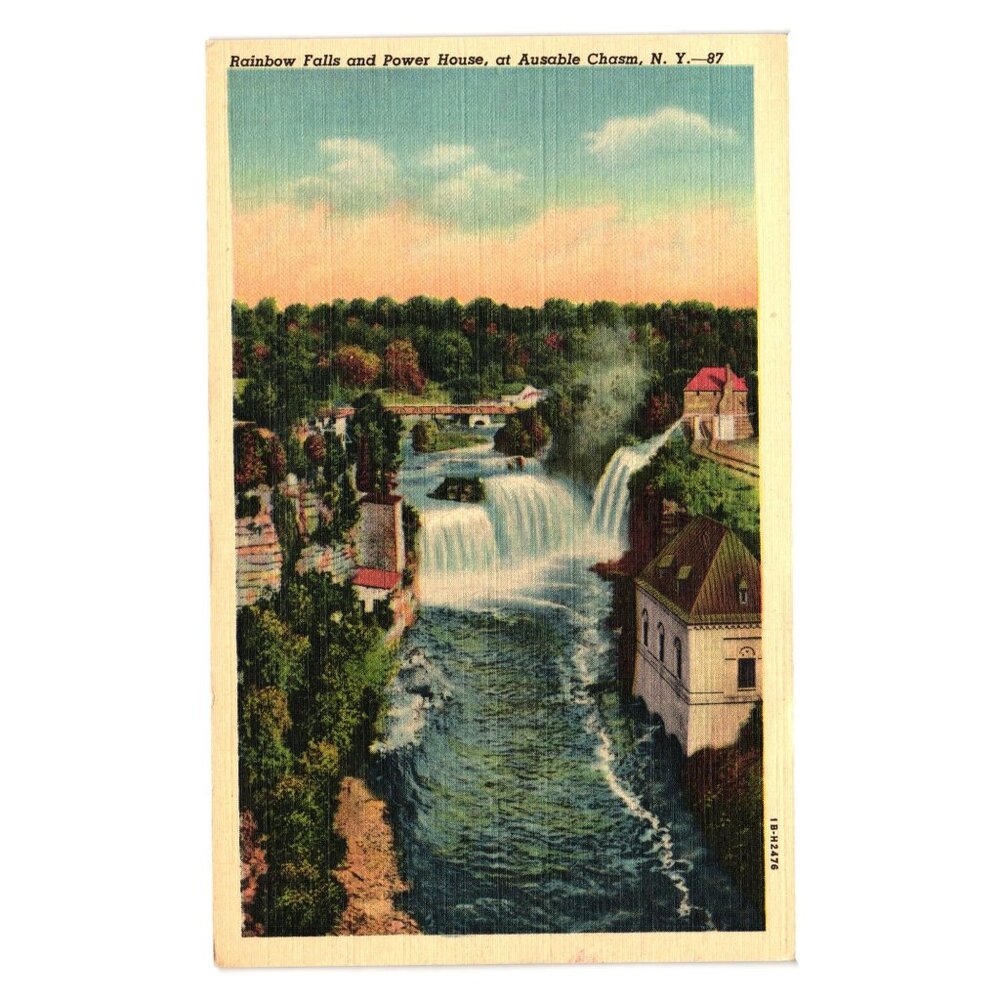 Vintage Rainbow Falls Power House Ausable Chasm NY Postcard C W Hughes Linen 87